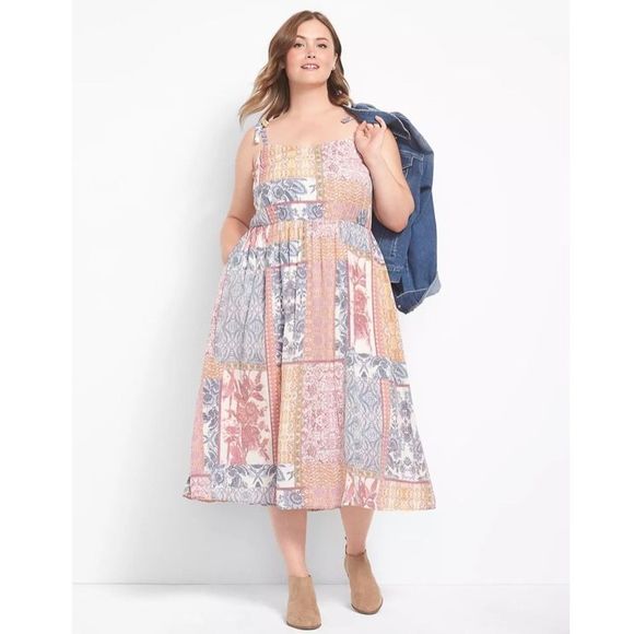 Lane Bryant Dresses & Skirts - Lane Bryant Patchwork Sweetheart-Neck Tie-Shoulder Midi Dress NWT
